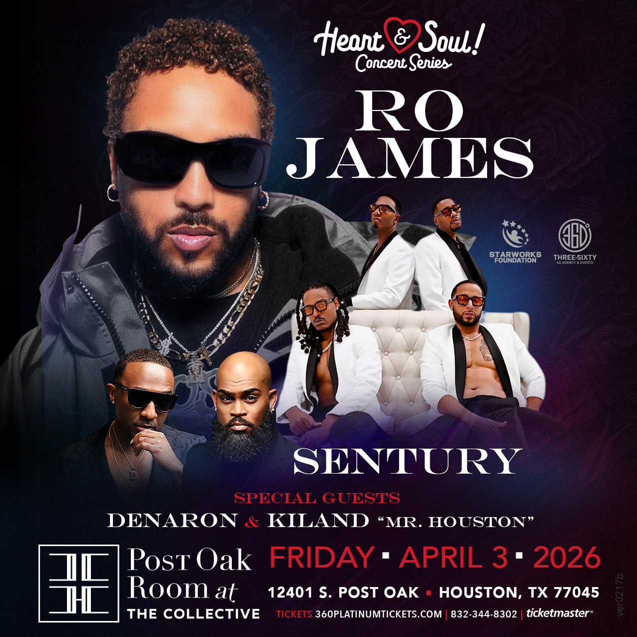 Concert poster for Ro James and Sentury at Post Oak in Houston, April 3, 2026. Featuring Denaron & Kiland.