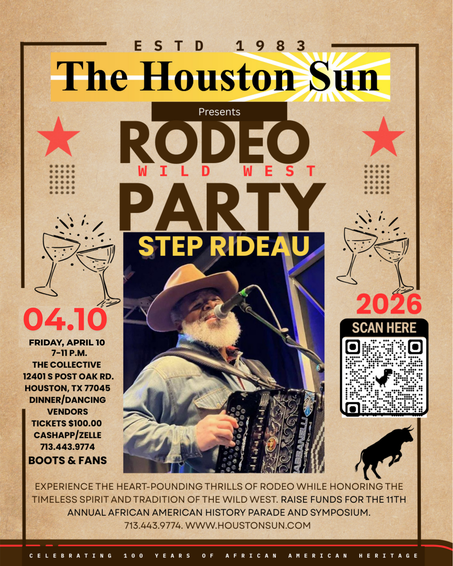 Poster for a Rodeo Wild West Party. Features Step Rideau, event details, and a QR code for more info.