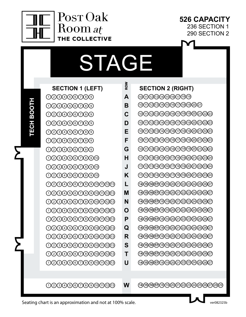 Seating chart of the Post Oak Room at The Collective. Shows stage and sections 1 and 2 with labeled rows of seats.