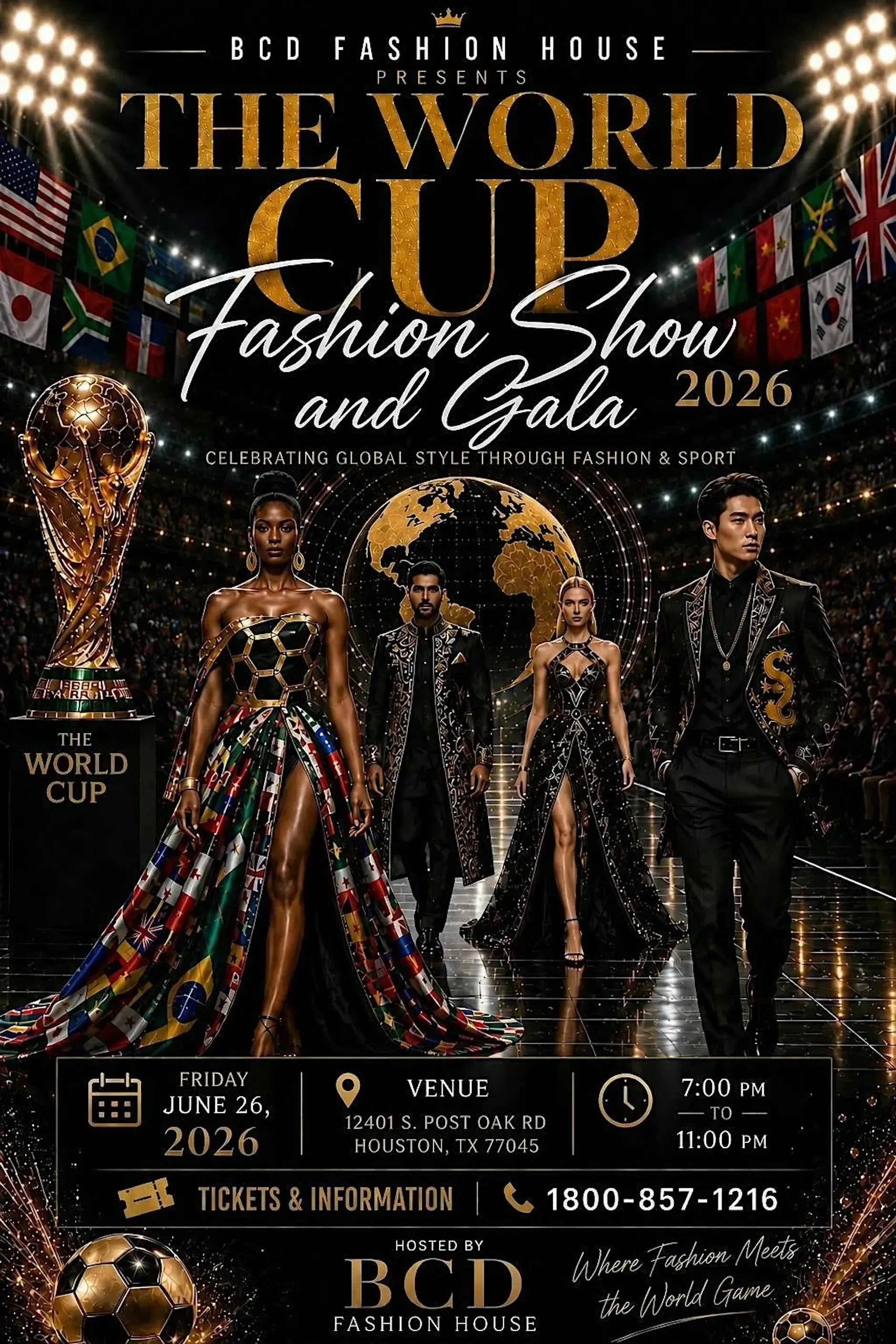 World Cup Fashion Show and Gala 2026 poster with models, gold trophy, and international flags