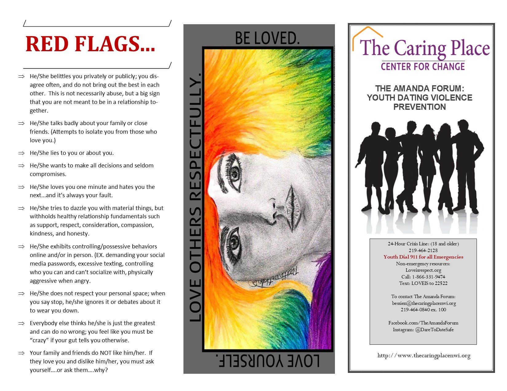 A brochure for the caring place shows a woman with rainbow hair
