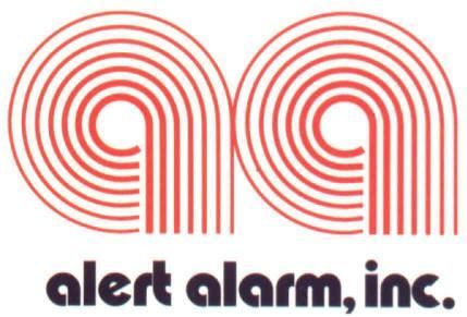 A red and white logo for alert alarm inc.