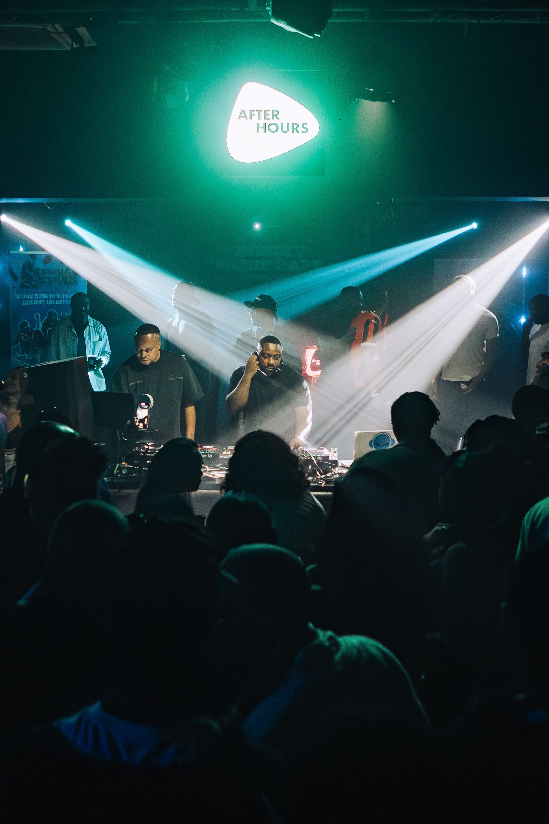 A group of people are standing in front of a stage at a concert.