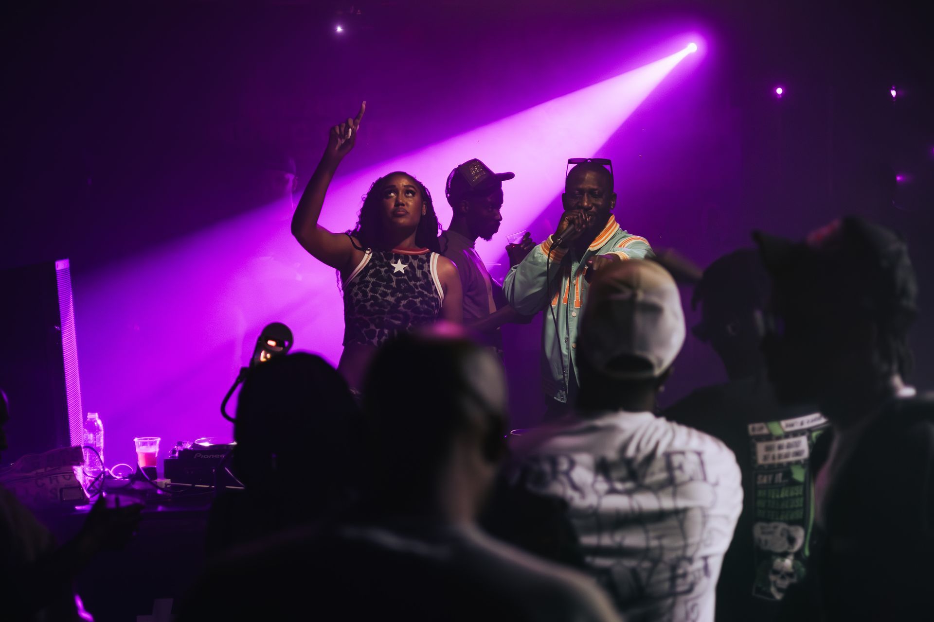 A group of people are standing in front of a stage at a concert.