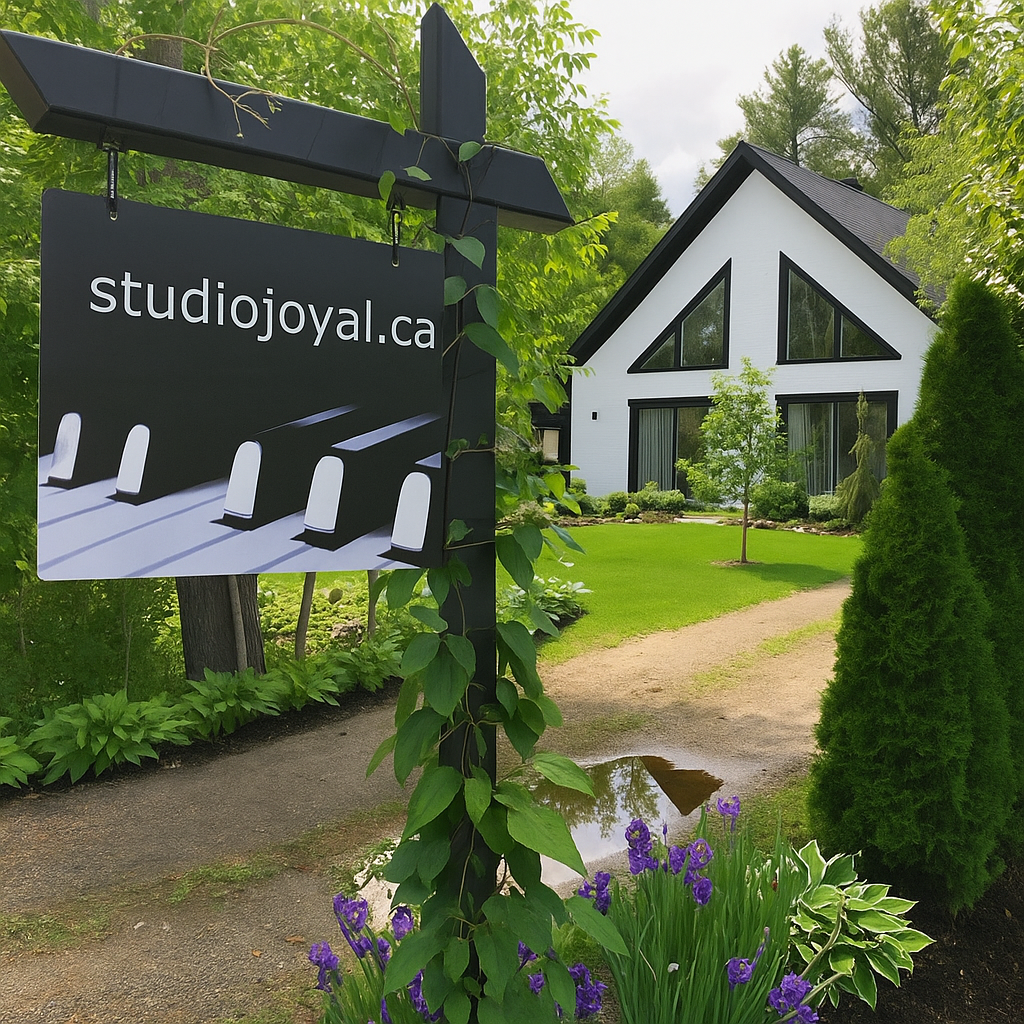 Un panneau pour studiojoyal.ca accroché devant une maison