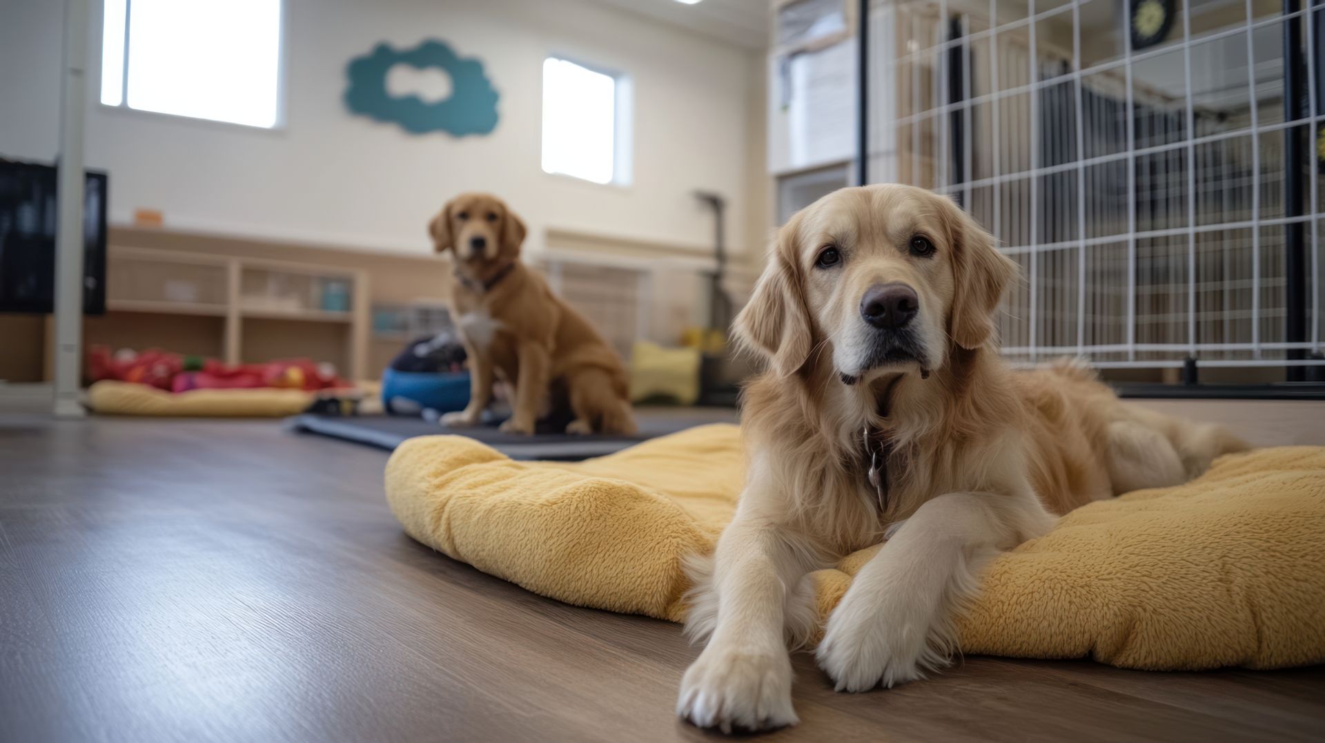 Two golden retrievers, one resting on a yellow dog bed, the other seated in the background of a dog-friendly room.