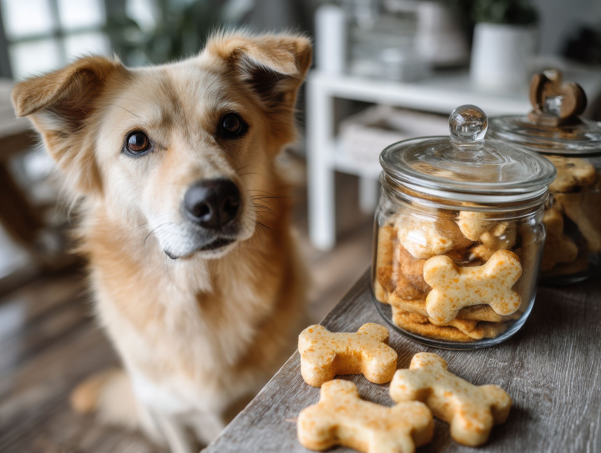 Dog looking at camera next to glass jar of bone-shaped dog treats on a table.