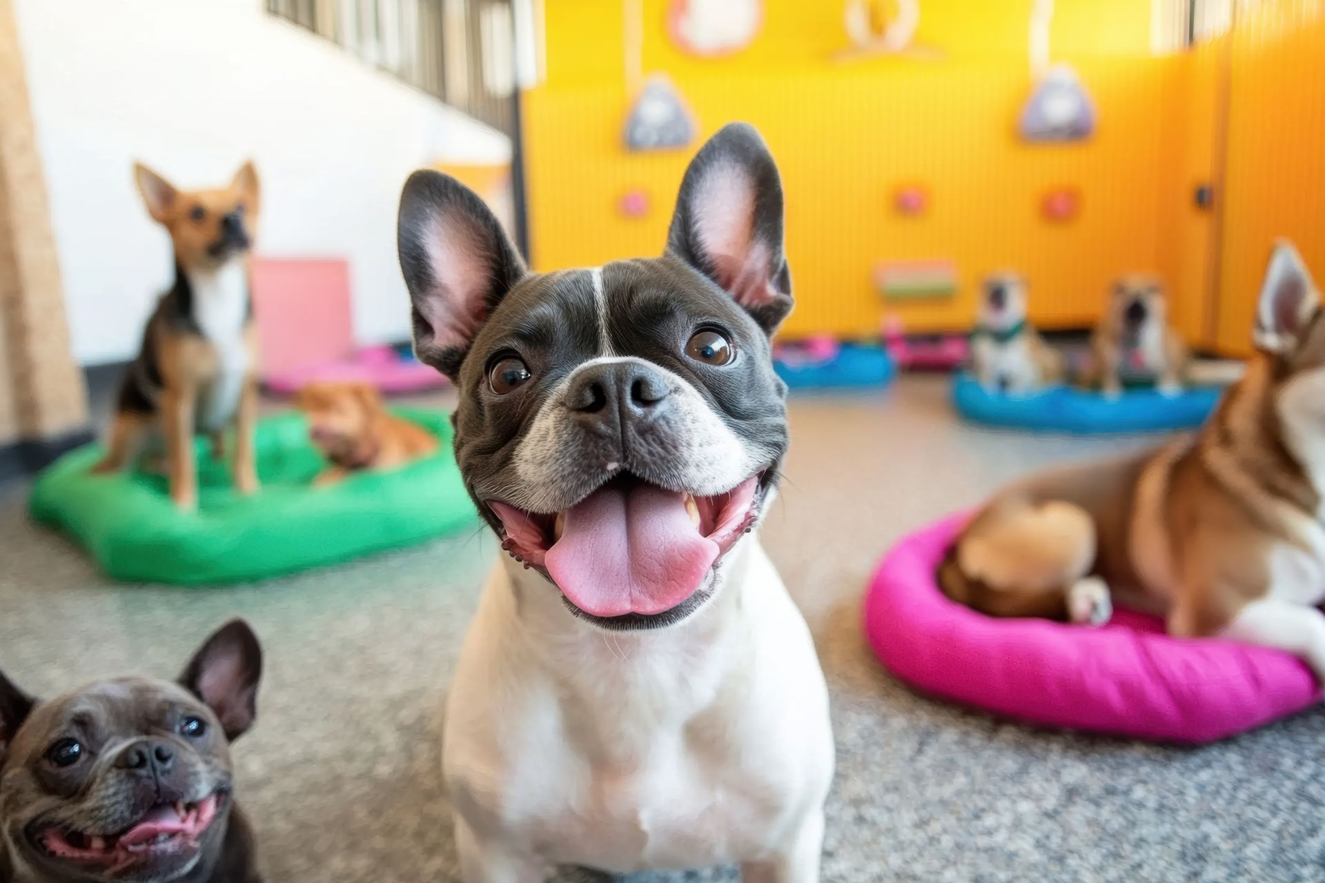 Smiling French bulldog with other dogs in a colorful doggy daycare.