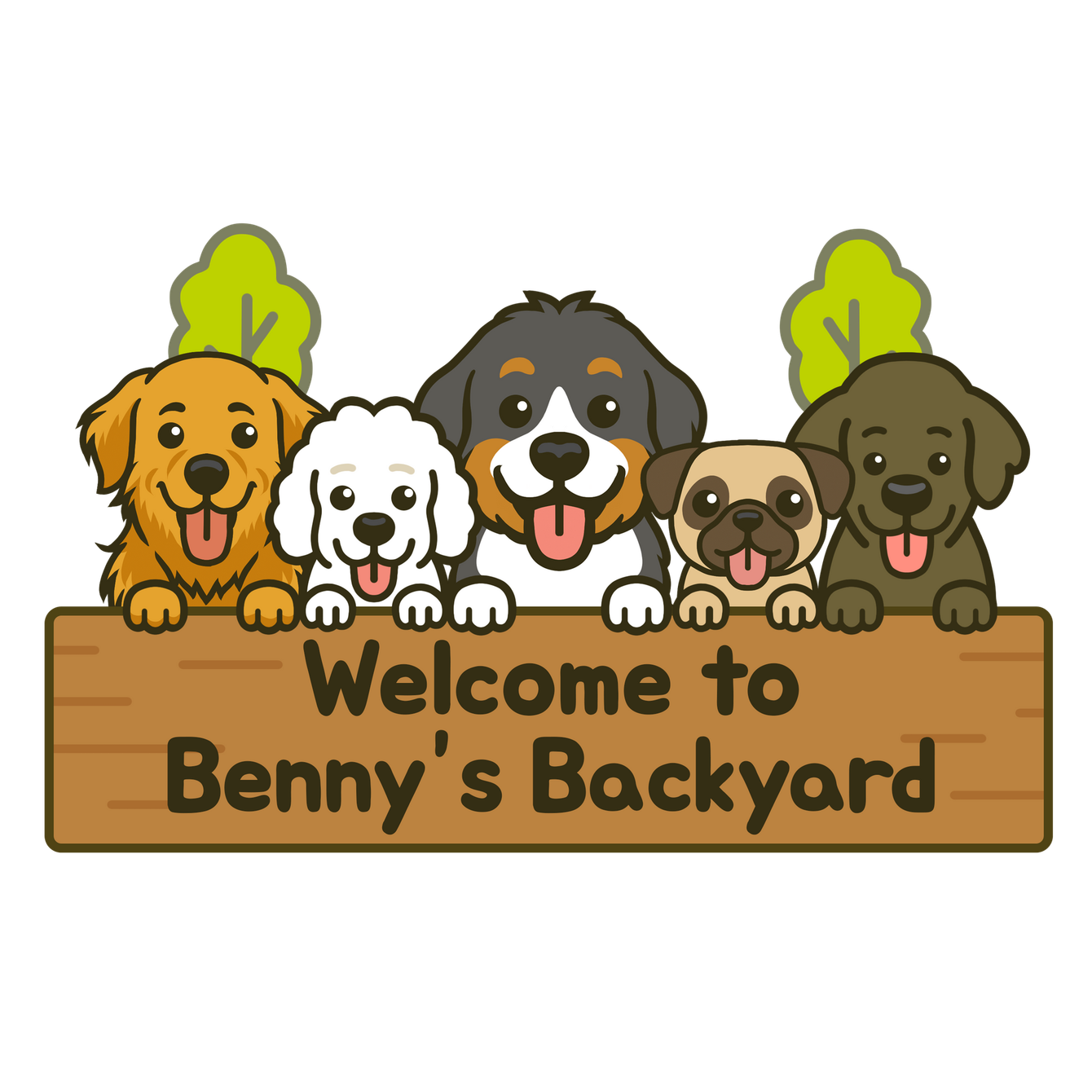 Five cartoon dogs smiling over a 