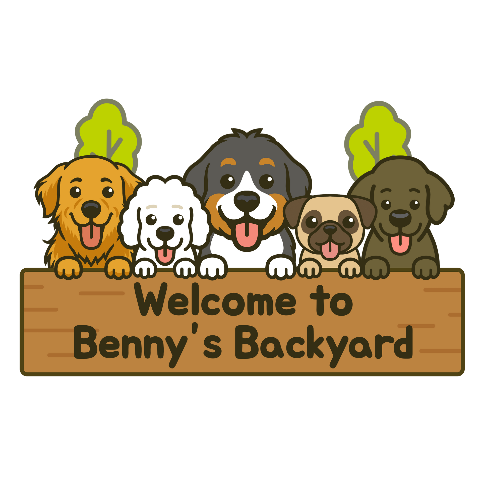 Five cartoon dogs smiling over a 