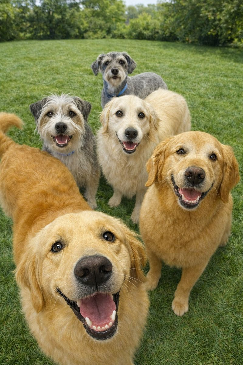 Five dogs smiling at the camera, including several golden retrievers, in a dog grooming shop.