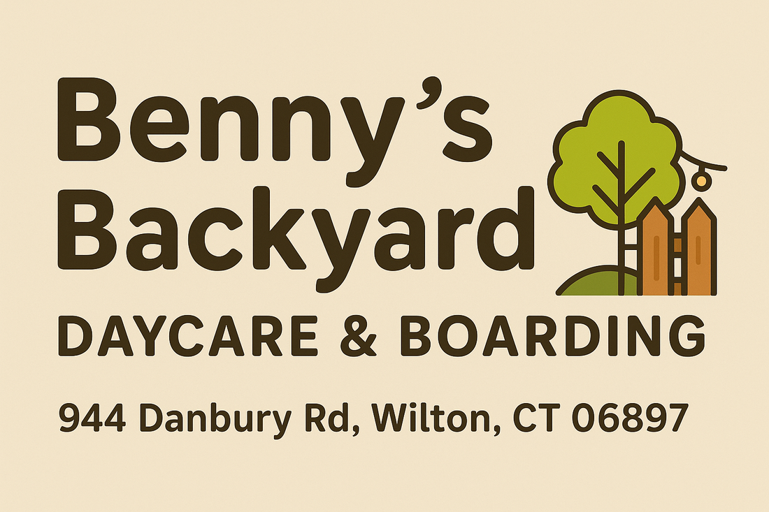 Logo for Benny's Backyard Daycare & Boarding, with a tree, fence graphic, and address in Wilton, CT.
