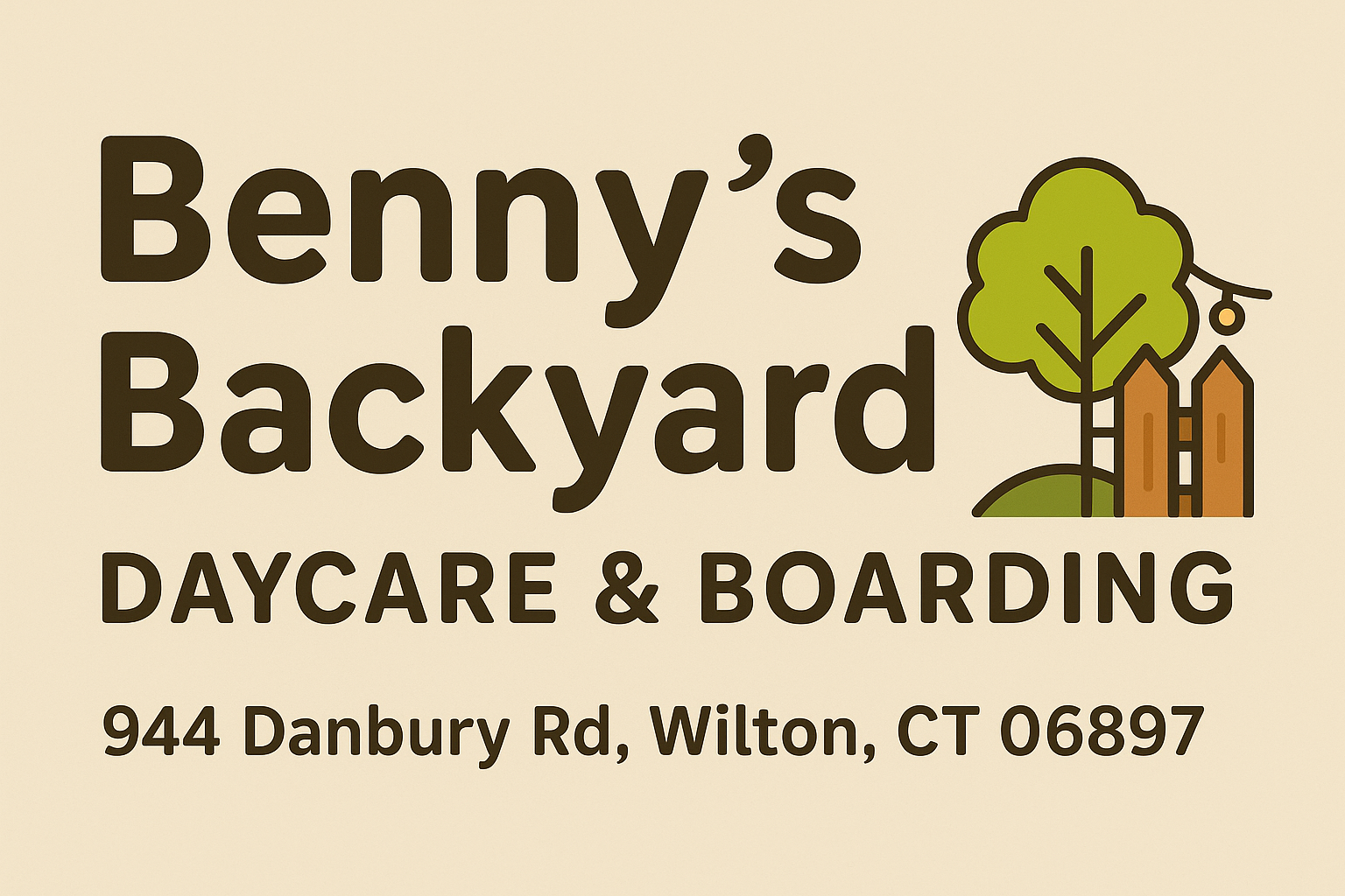 Logo for Benny's Backyard Daycare & Boarding, with a tree, fence graphic, and address in Wilton, CT.
