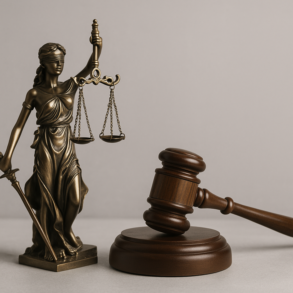 Bilancia della giustizia in primo piano su sfondo neutro, simbolo di equità e processo