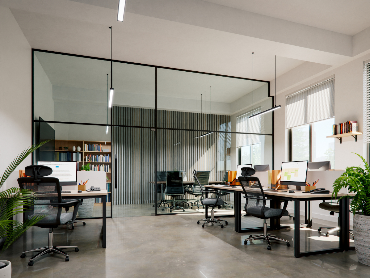 Modern open-plan office with desks, computers, chairs, and a glass-walled meeting room