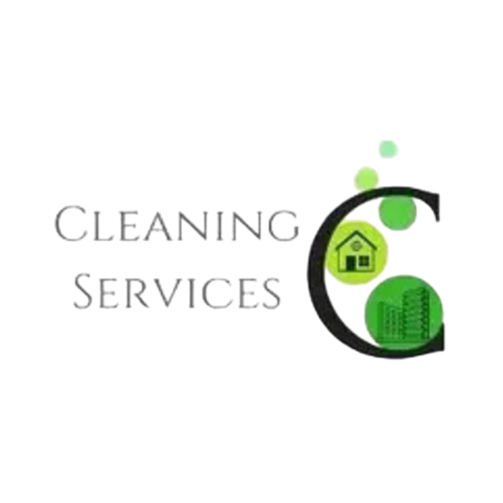 Cleaning Services logo with gray text and a green-and-black circular house icon