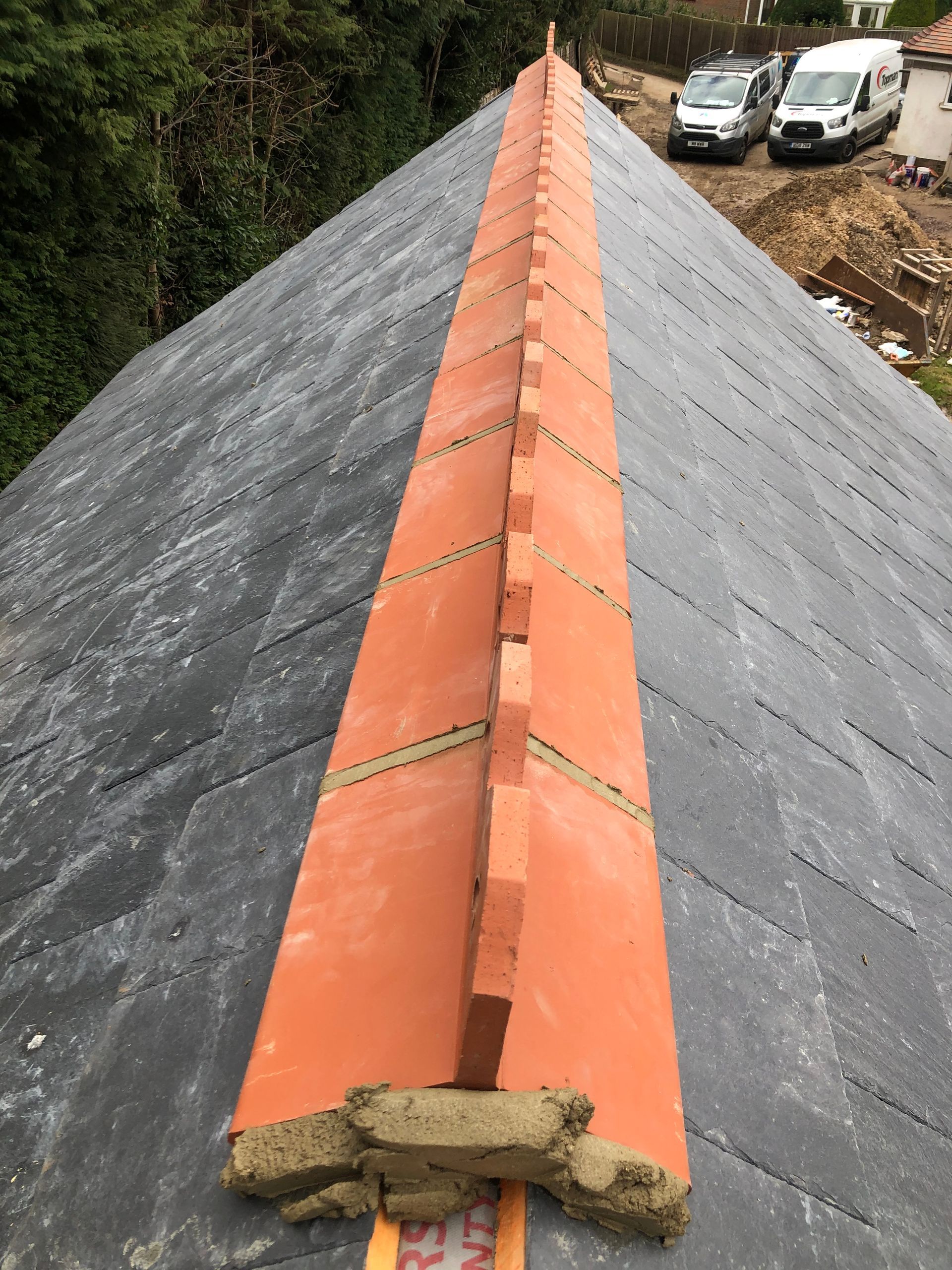 A roof with a row of red tiles on it