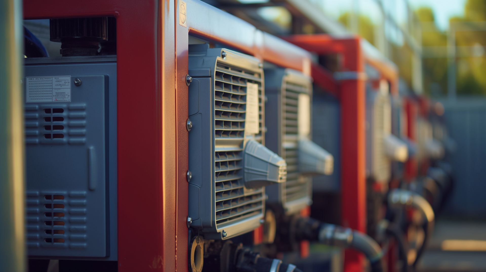 A row of generators are lined up next to each other in a warehouse.