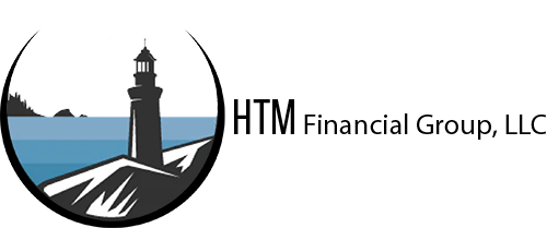 Logo of a lighthouse on a coast. Blue water, gray rocks, and a black circle with