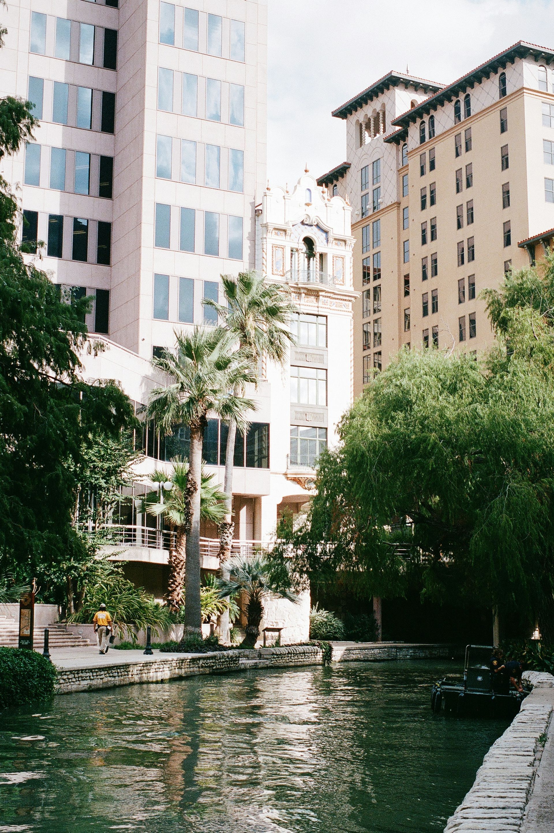 River Walk scene in San Antonio with water, buildings, palm trees and greenery.