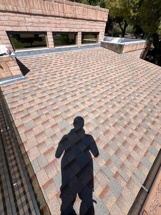 Shadow of person on a brown and tan shingle roof, with rectangular windows.