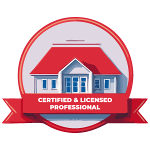 Badge with a house illustration, red roof, and ribbon text: