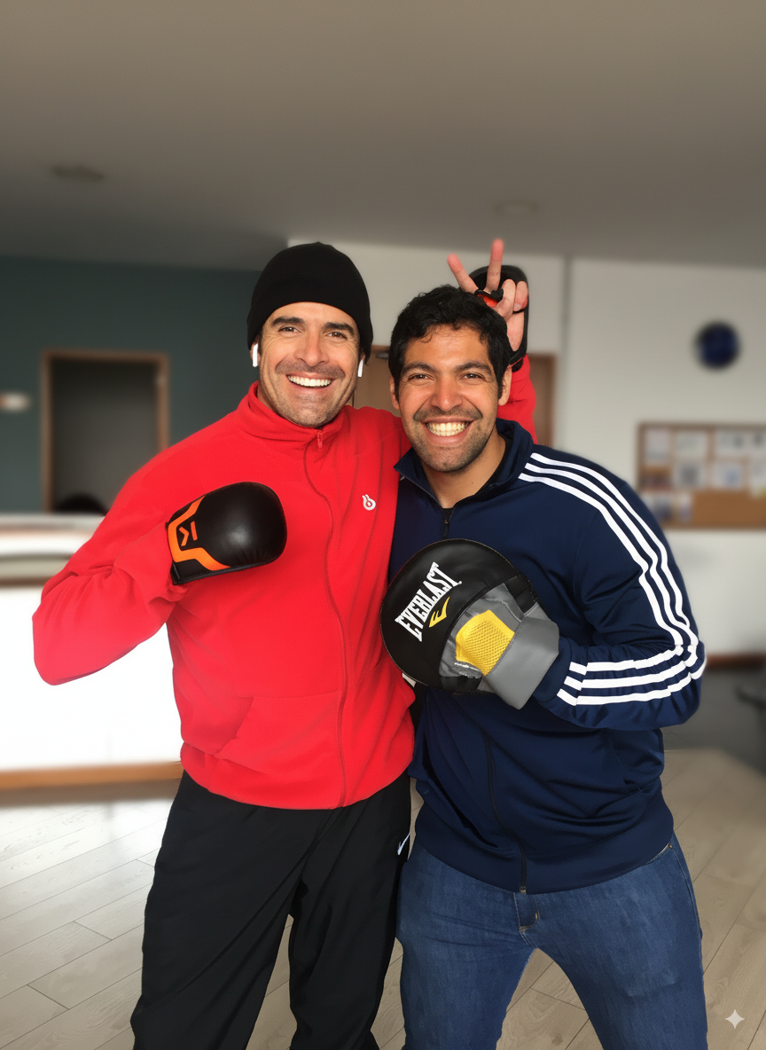 Dos hombres sonrientes con guantes de boxeo. Uno de ellos es el actor colombiano reconocido rafael novoa con chaqueta roja y el otro con azul su entrenador personal en casa Frederick Forero, coach lider de la empresa ENFFORMA .