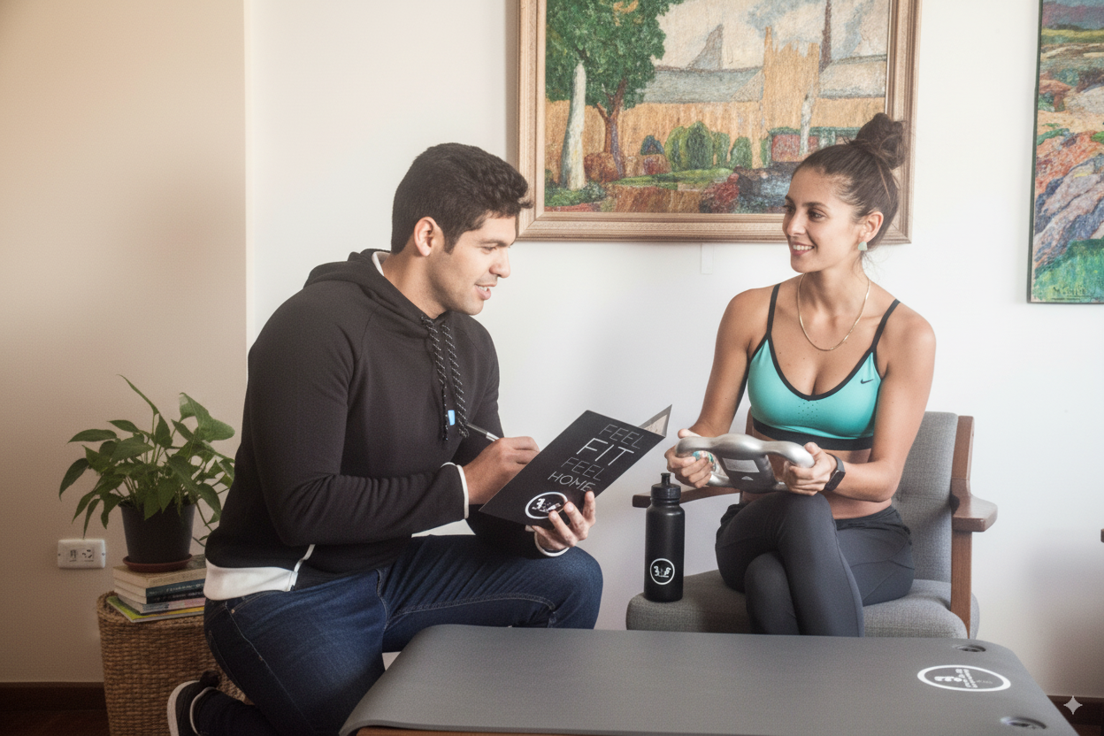Un entrenador personal en casa y una mujer hablan sobre sus objetivos de fitness, ambos sonriendo. En una sala de un apartamento.