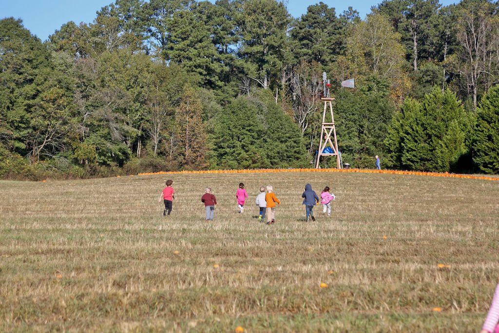 Montessori children running across a field