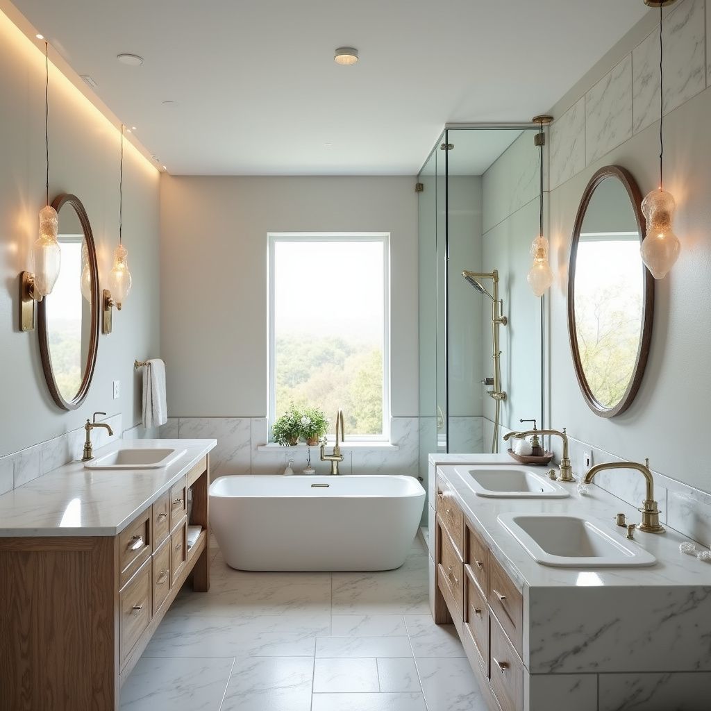 Modern bathroom with double vanity, bathtub, shower, and large window.