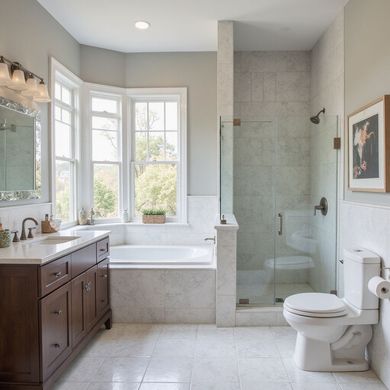 Bathroom with white tile, dark vanity, bathtub, glass shower, and large windows.