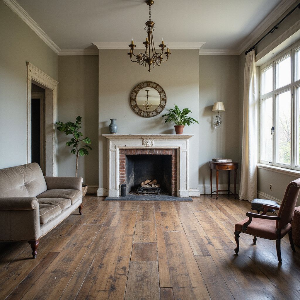 Living room with fireplace, sofa, wooden floor, chandelier, and a window with curtains.