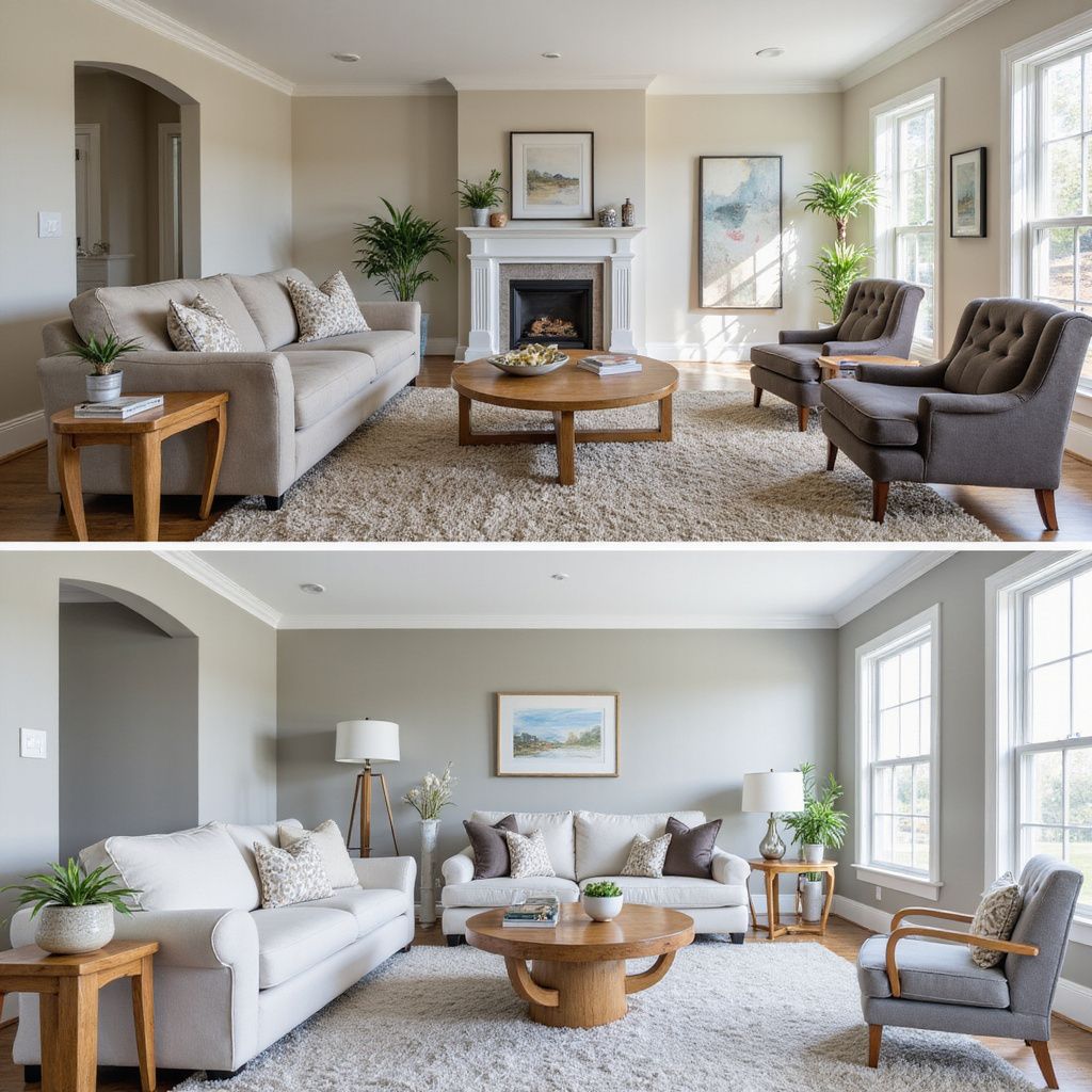 Two living rooms with sofas, chairs, fireplace, and coffee tables.