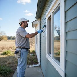 Construction worker paints blue siding around a window on a sunny day.