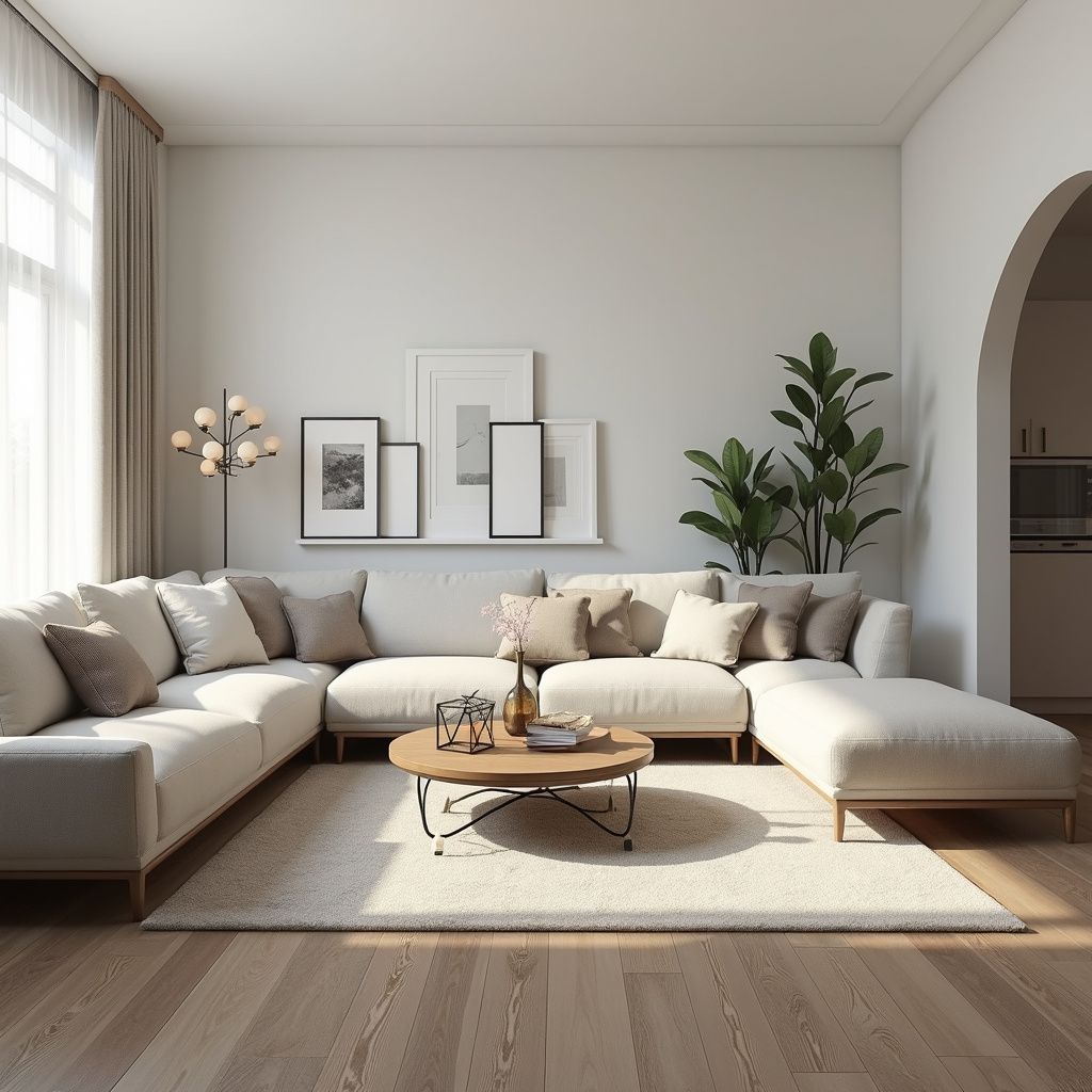 A modern, bright living room with a large sectional sofa, rug, and coffee table.