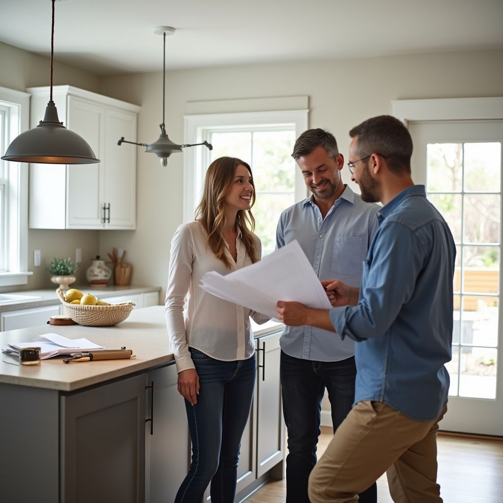 Couple reviewing blueprints with a professional in a kitchen.