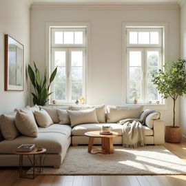 Cozy living room with a sectional sofa, two windows, and potted plants. Sunlight streams in.