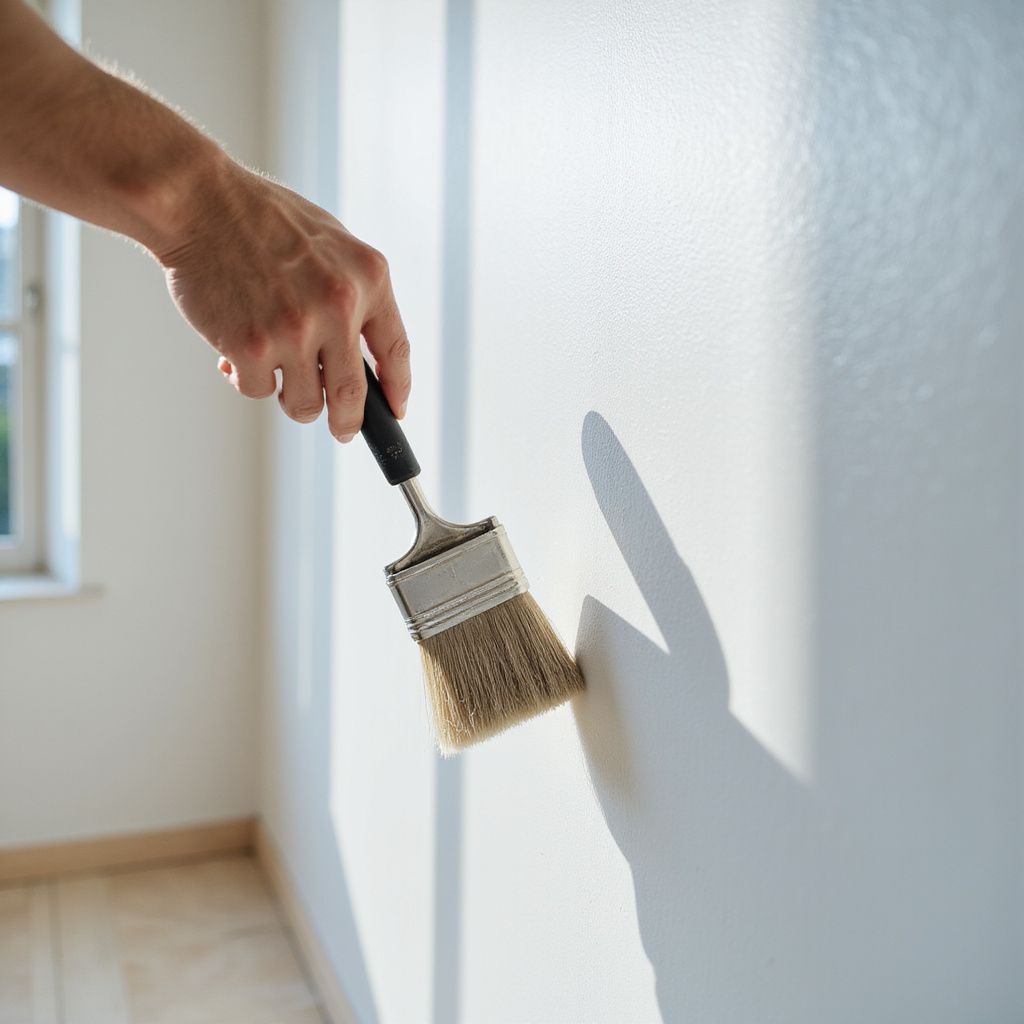 Hand holding paint brush painting white wall.