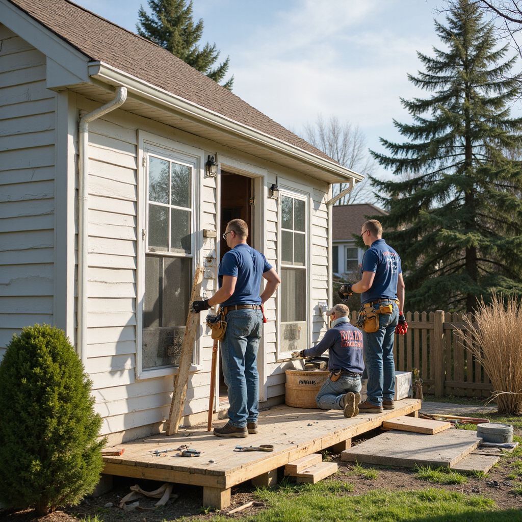 Construction workers repairing a home's exterior on a sunny day.