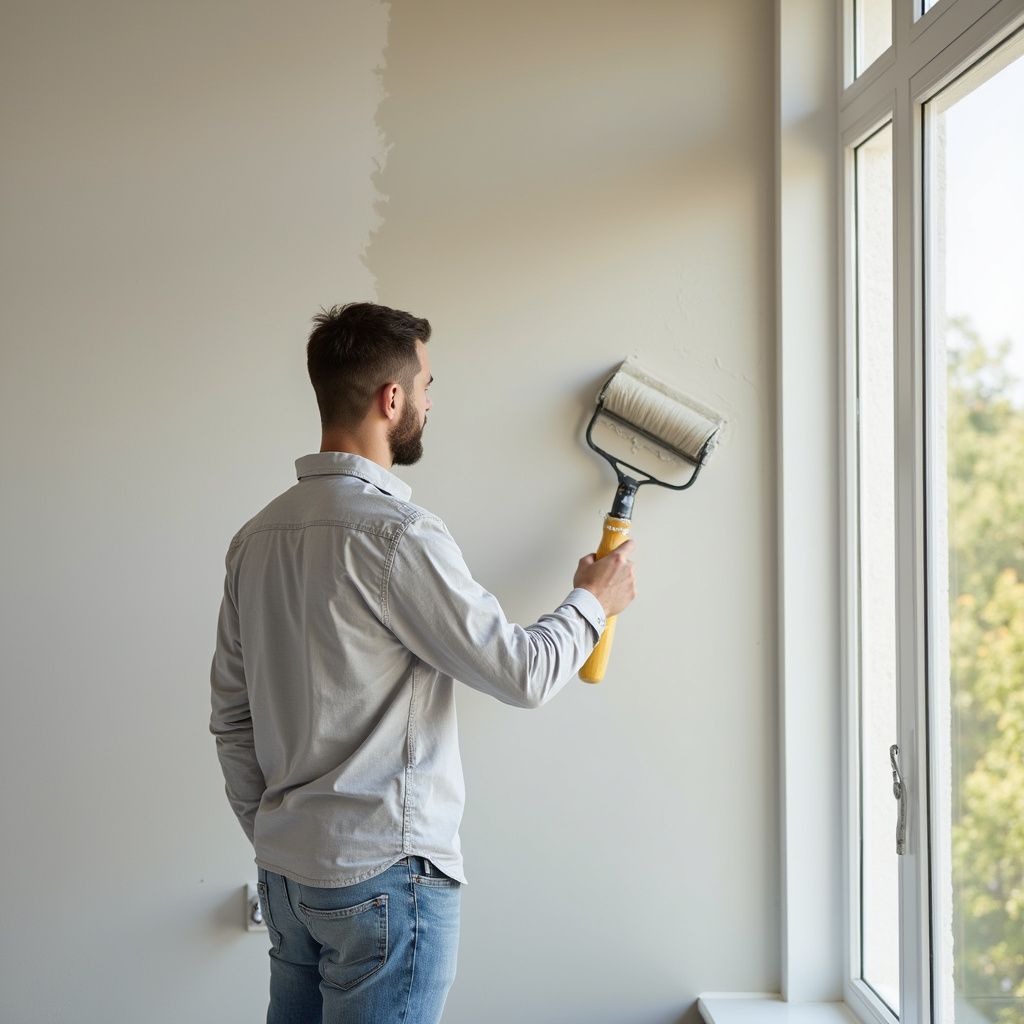 Man painting a wall with a paint roller next to a window; painting is in progress.