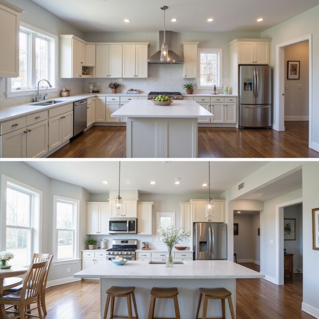 Two views of a modern kitchen with white cabinets, stainless steel appliances, and an island.