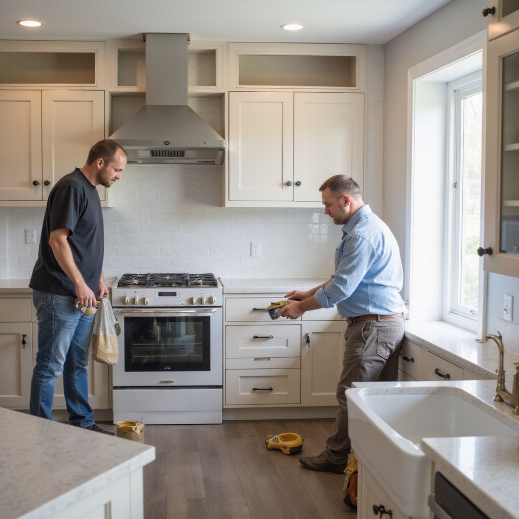 Two men installing a kitchen appliance. One man holds a tool, the other stands nearby. Bright, modern kitchen.