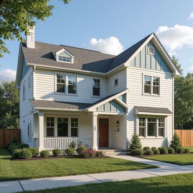 White two-story house with blue accents, dark roof, porch, and lawn on a sunny day.