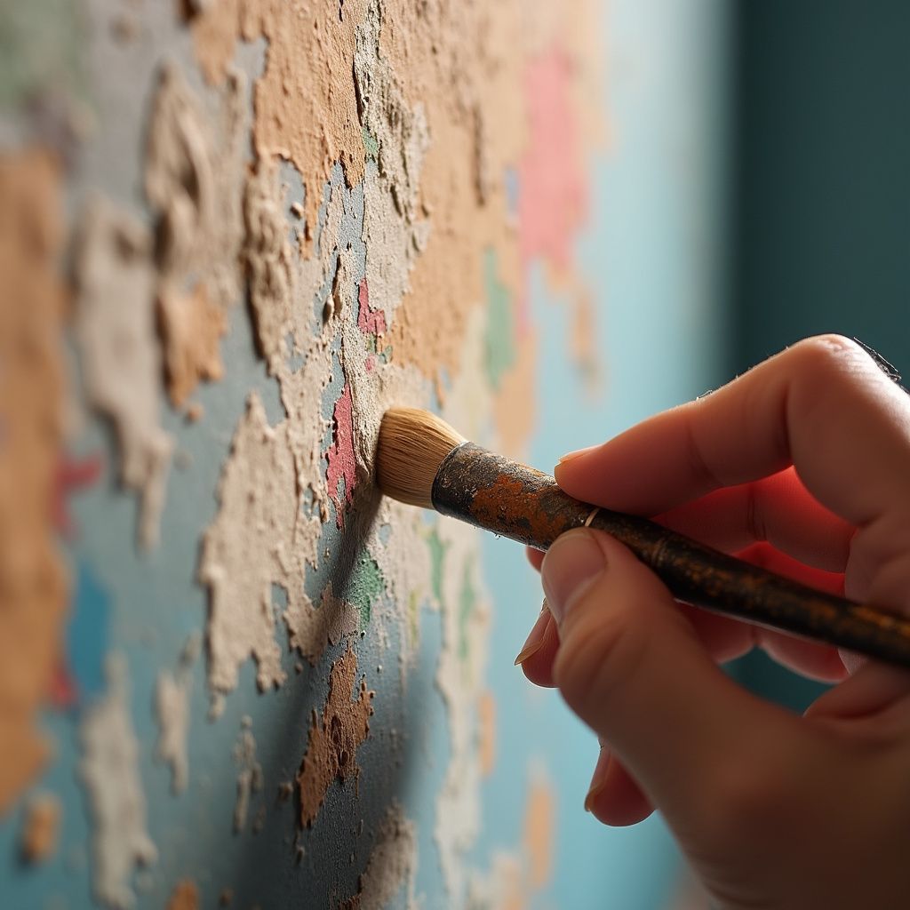 Hand holding paintbrush touches peeling, colorful paint on a wall.