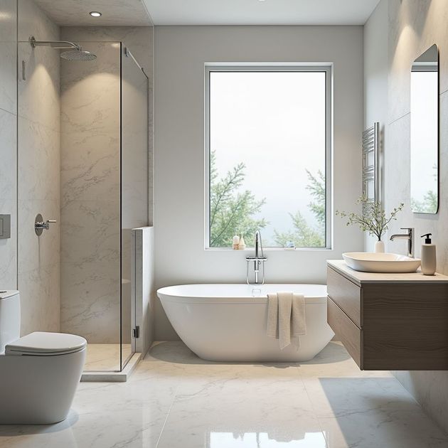 Modern bathroom with shower, tub, vanity, and window overlooking trees.