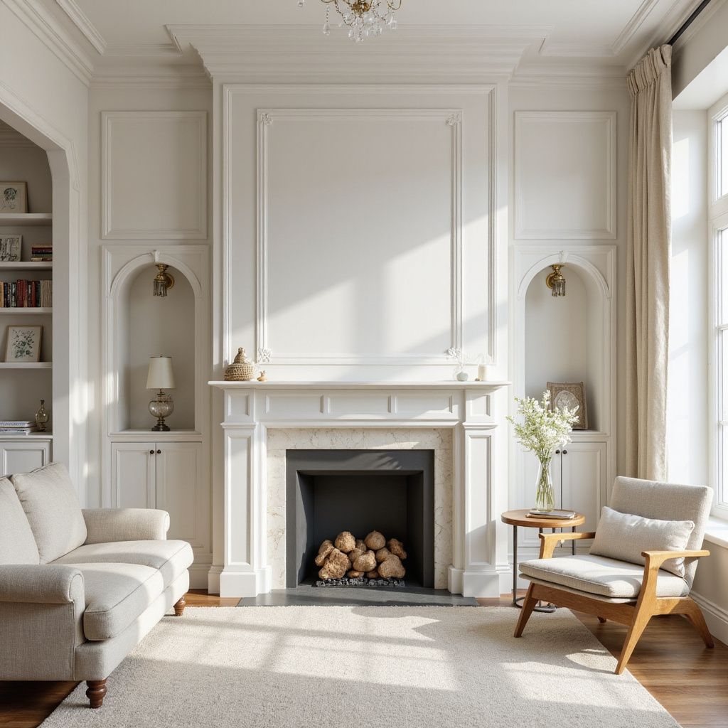 A living room with a white fireplace, built-in shelves, sofa, and armchair. Sunlight streams through the window.