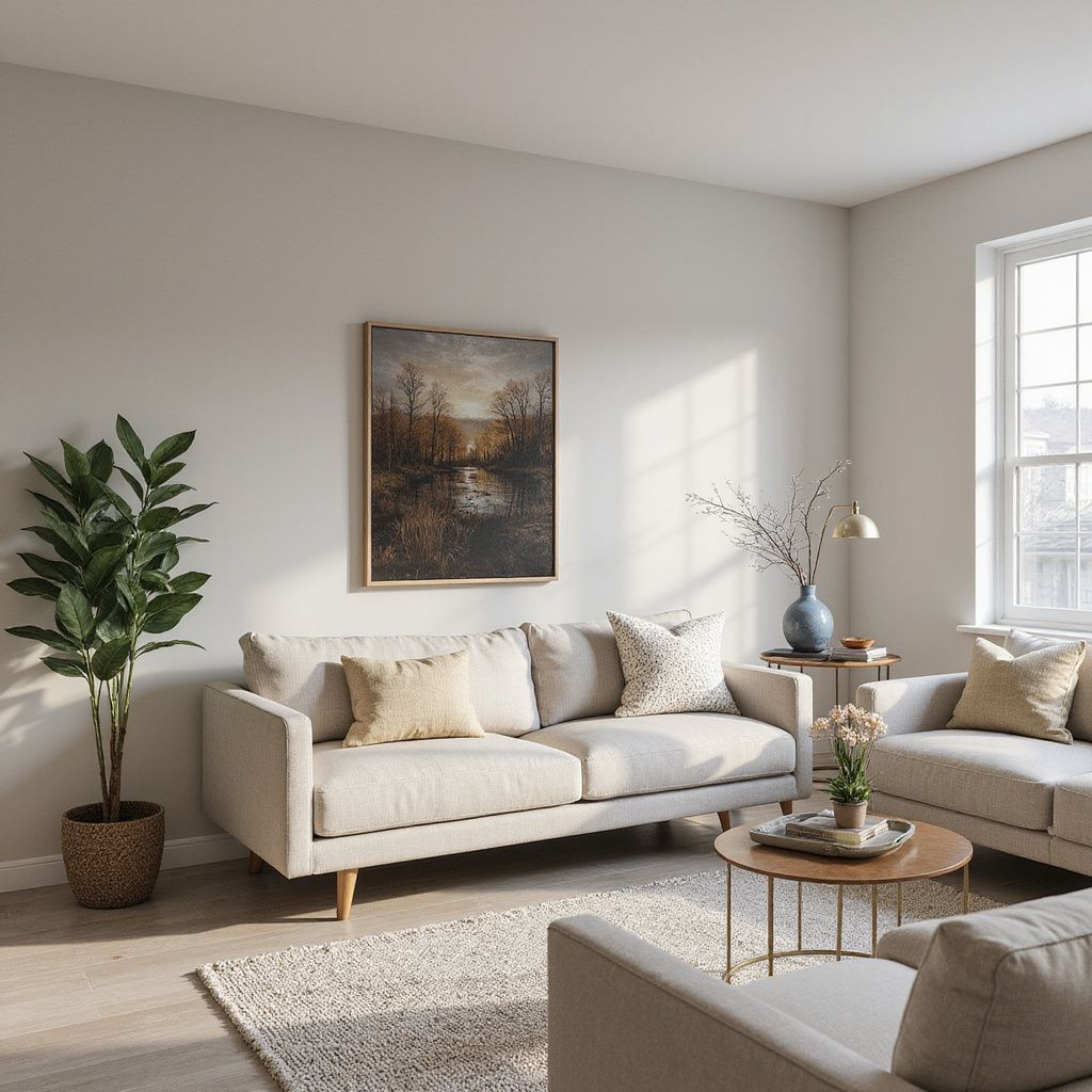 Living room with two beige sofas, rug, coffee table, art, and potted plant.