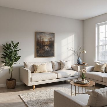 Living room with two beige sofas, rug, coffee table, art, and potted plant.