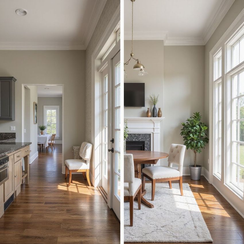 Kitchen and dining room interior with hardwood floors and natural light.