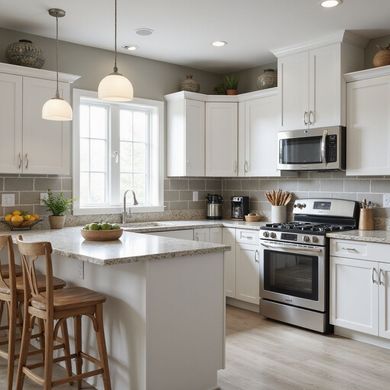 Bright kitchen with white cabinets, stainless steel appliances, granite countertops, and a breakfast bar with wooden stools.